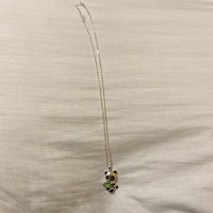 Cute panda holding green heart gem necklace!!